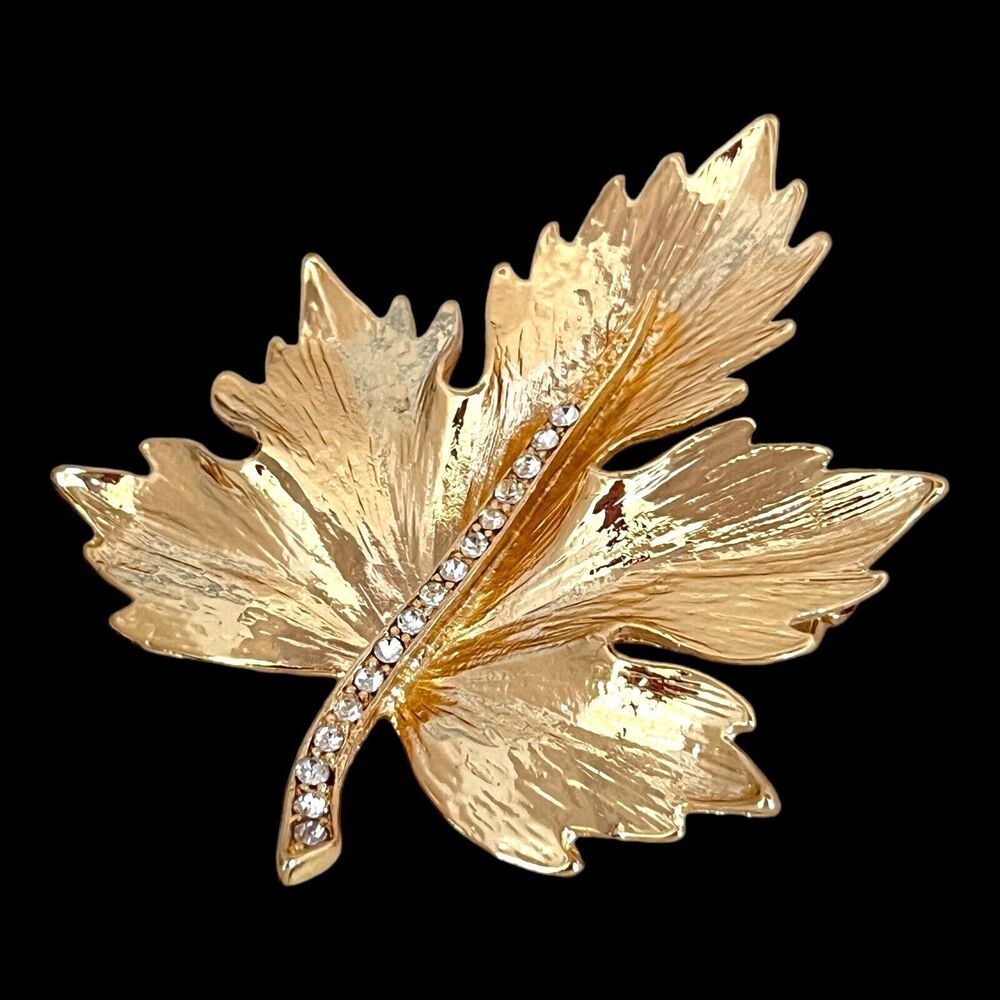 Vintage 1960s Maple Leaf Brooch Gold Tone Rhinestone Accent Pin - 2F
